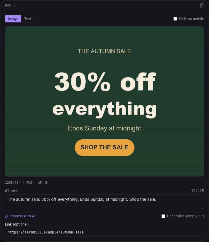 An email slice reading The autumn sale, 30% off everything, ends Sunday at midnight, shop the sale, with the same words typed into its alt text field and a sale page link below