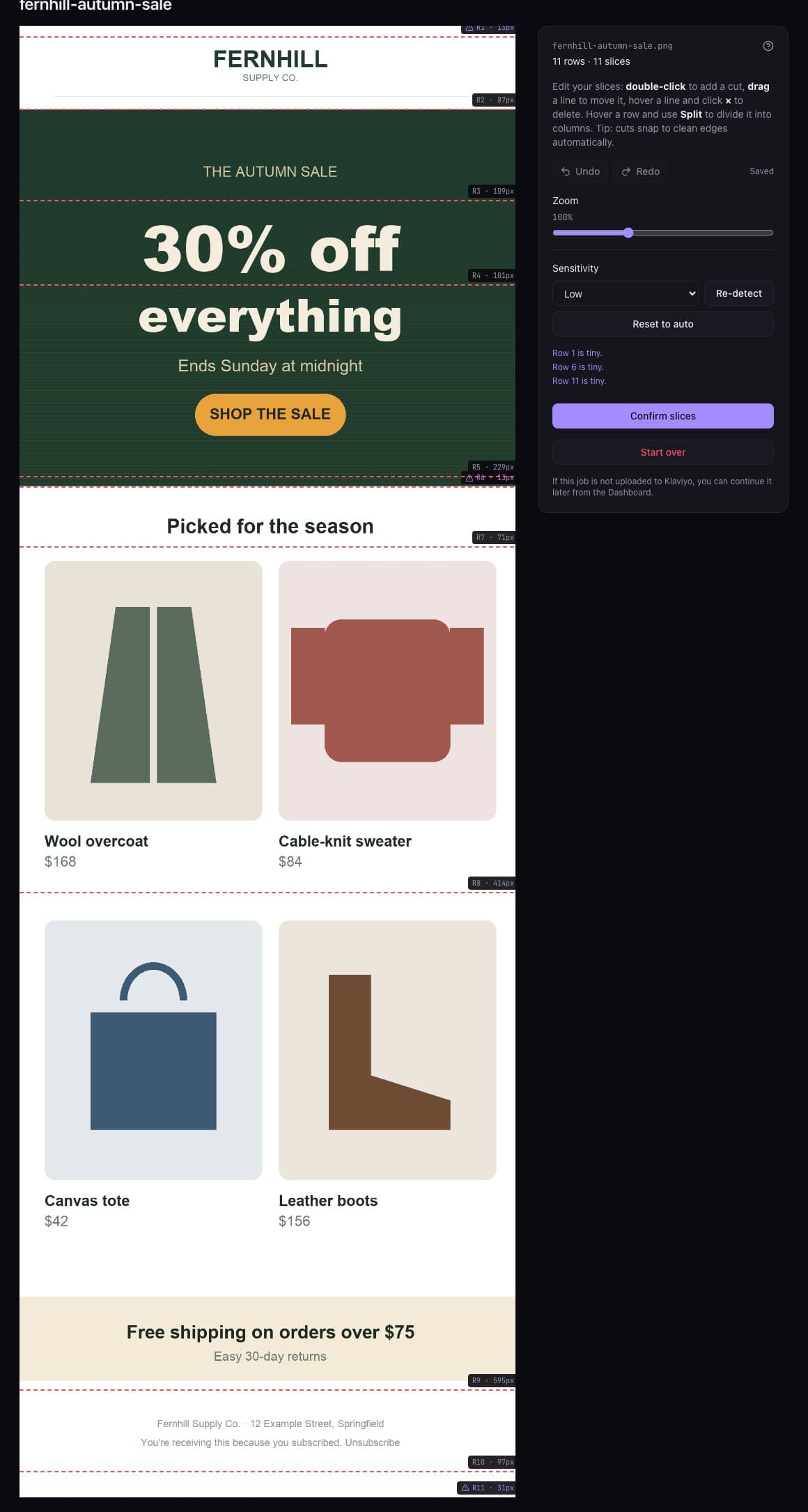 A sample sale email with dashed cut lines between the logo, the hero, the section heading, each row of products, the shipping banner and the footer